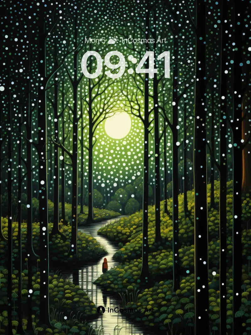 Luminous Forest Wallpaper with Starlit Path