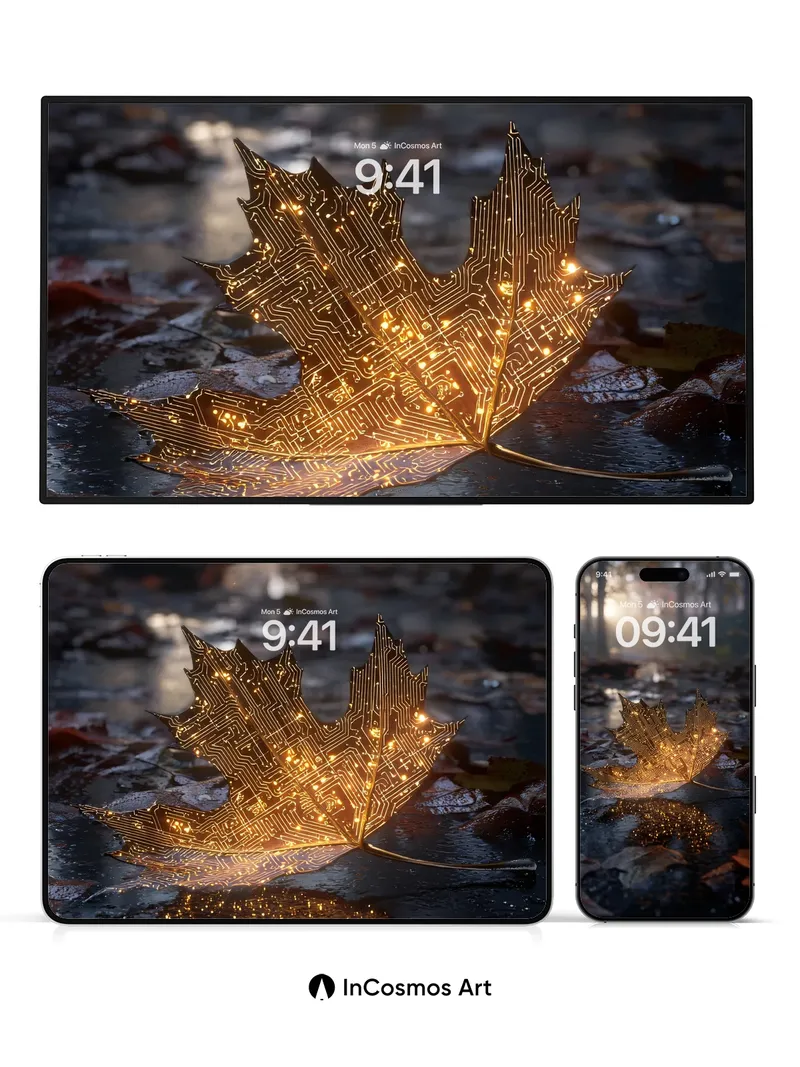 Golden Circuit Leaf Wallpaper with Glowing Veins