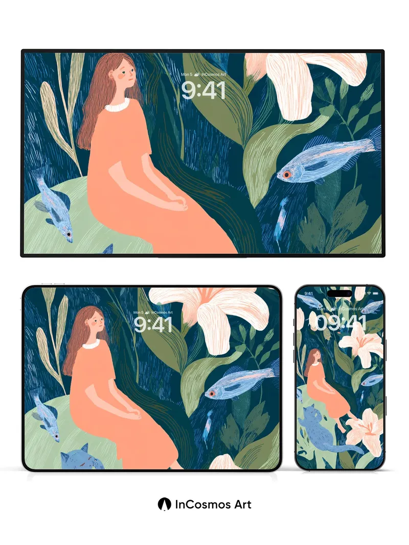 Whispering Lily Wallpaper with Floating Fish