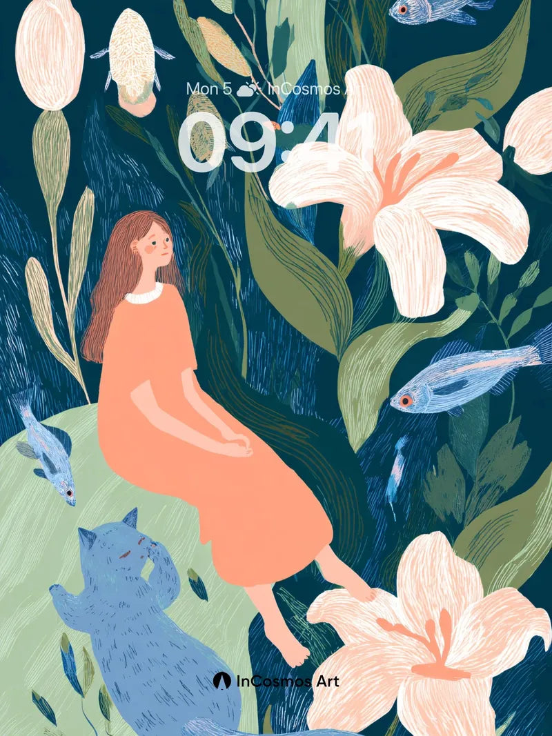 Whispering Lily Wallpaper with Floating Fish