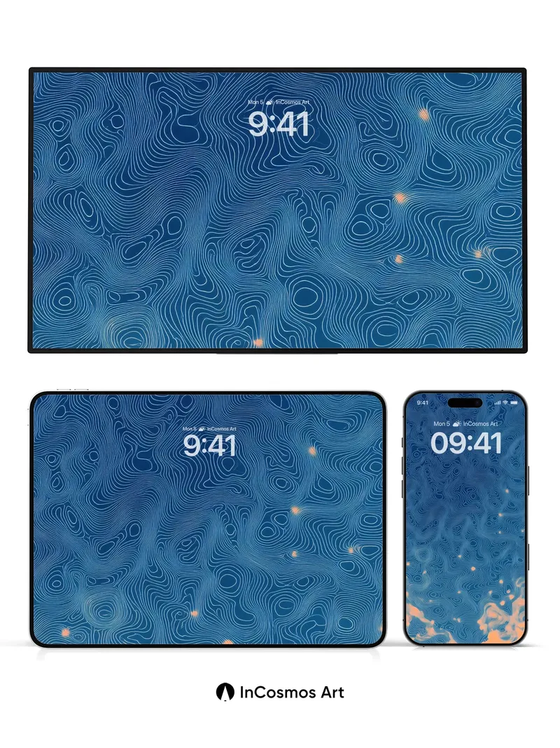 Sapphire Currents Wallpaper with Floating Embers