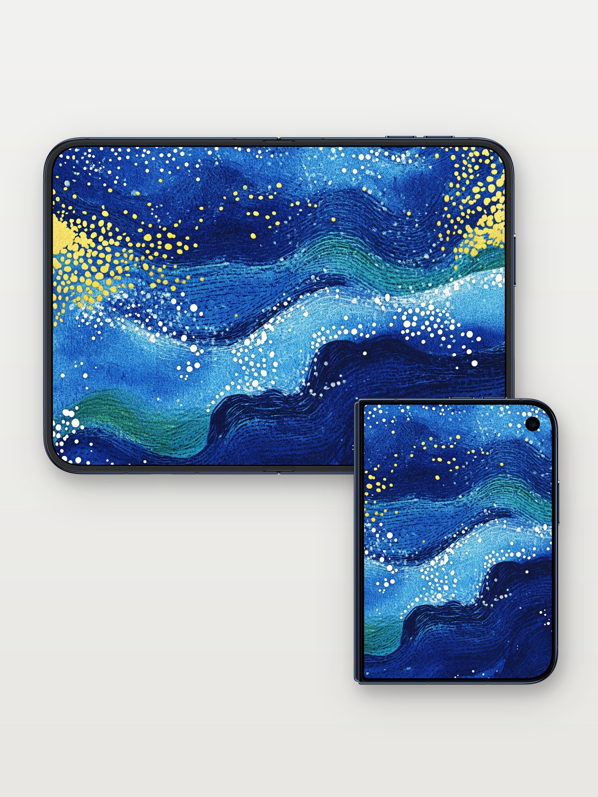 Starry Wave Wallpaper with Cosmic Dots on iPhone Duo, open and closed
