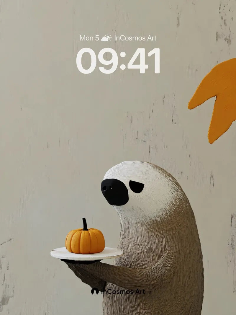 Whimsical Sloth Wallpaper with Autumn Gourd
