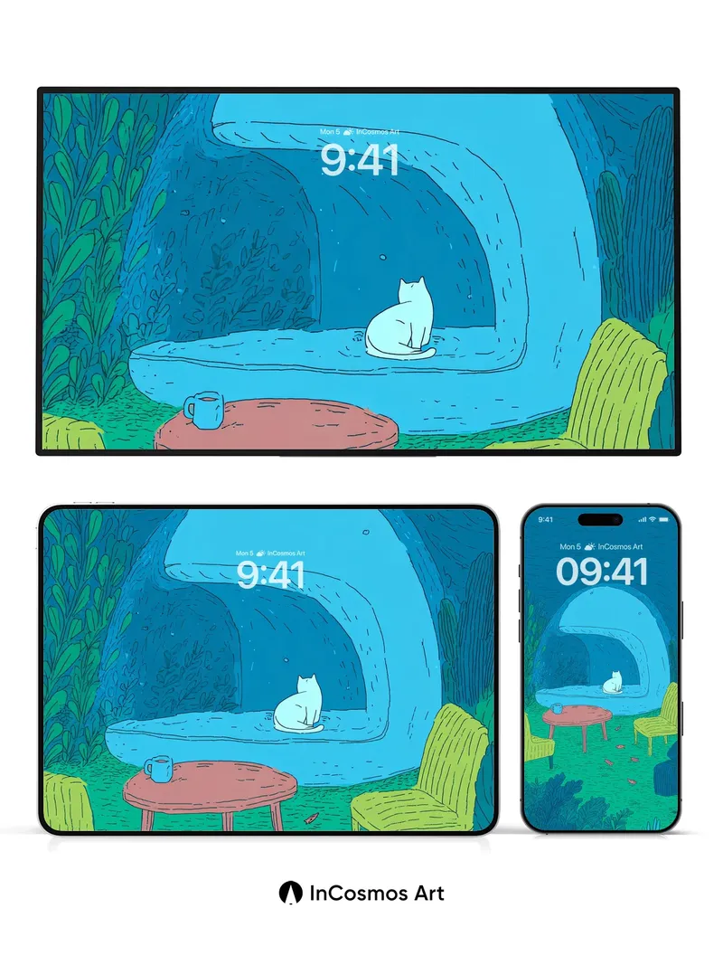 Serene Blue Grotto Wallpaper with Whispering Cat