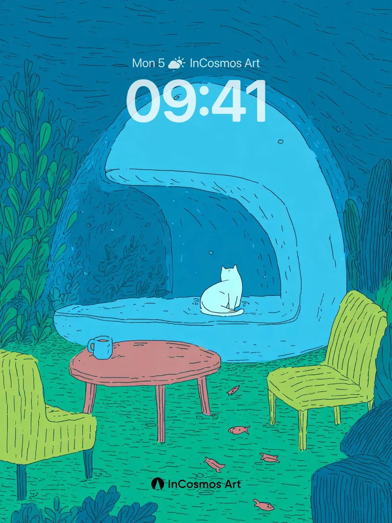 Serene Blue Grotto Wallpaper with Whispering Cat wallpaper for iPhone, iPad & Mac