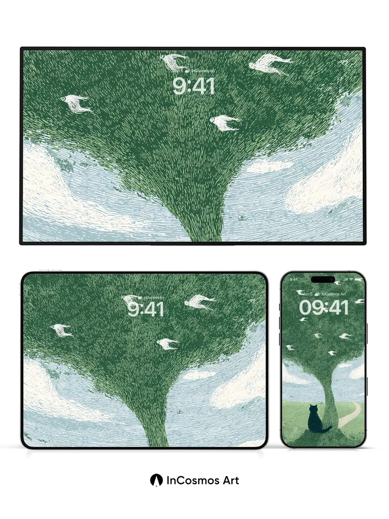 Whispering Canopy Wallpaper with Floating Birds