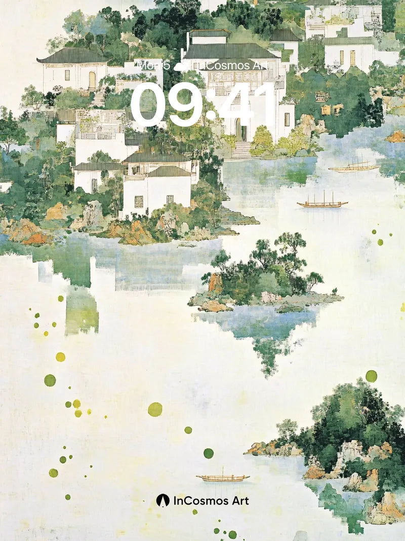 Serene Watercolor Village Wallpaper with Floating Islands