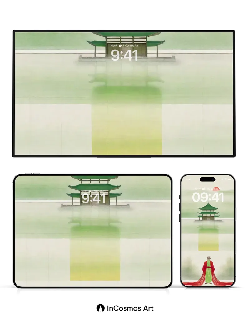 Serenity Temple Wallpaper with Floating Reflection