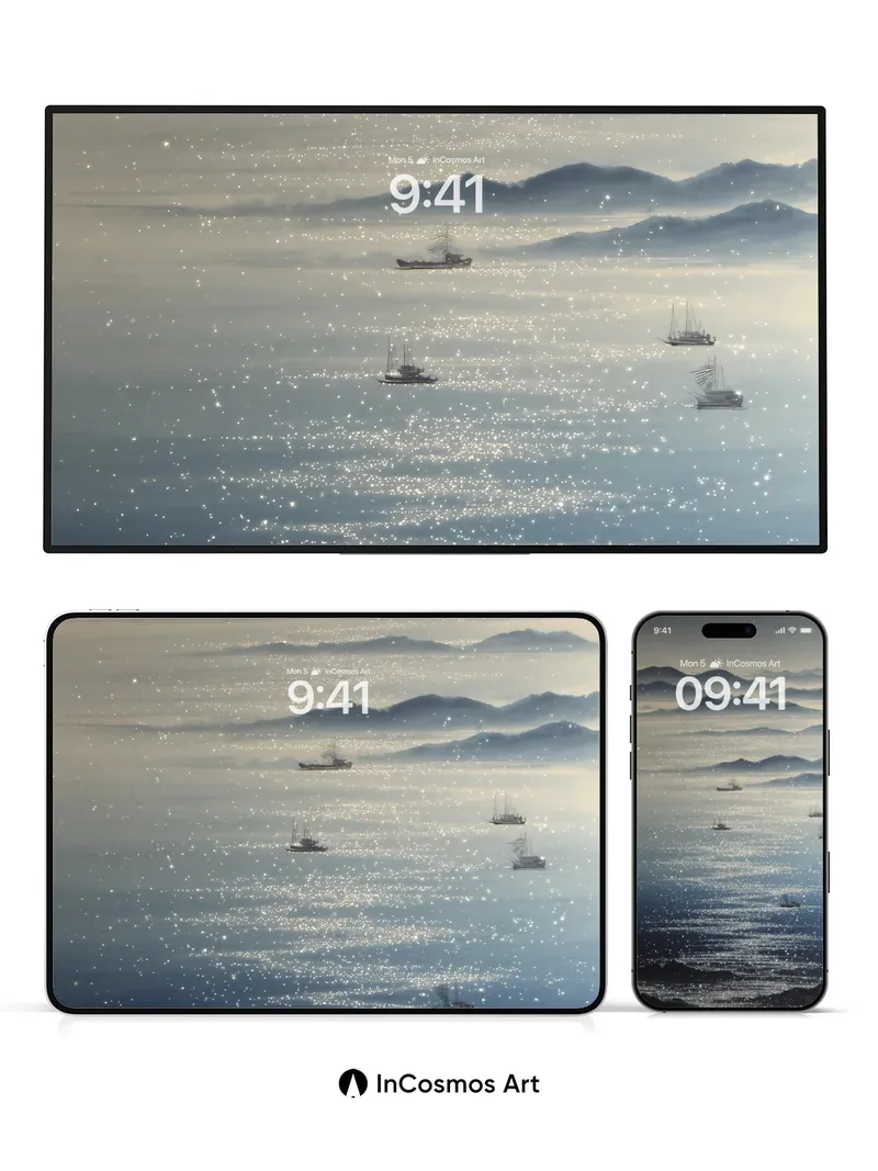 Silent Sea Mirage Wallpaper with Floating Vessels