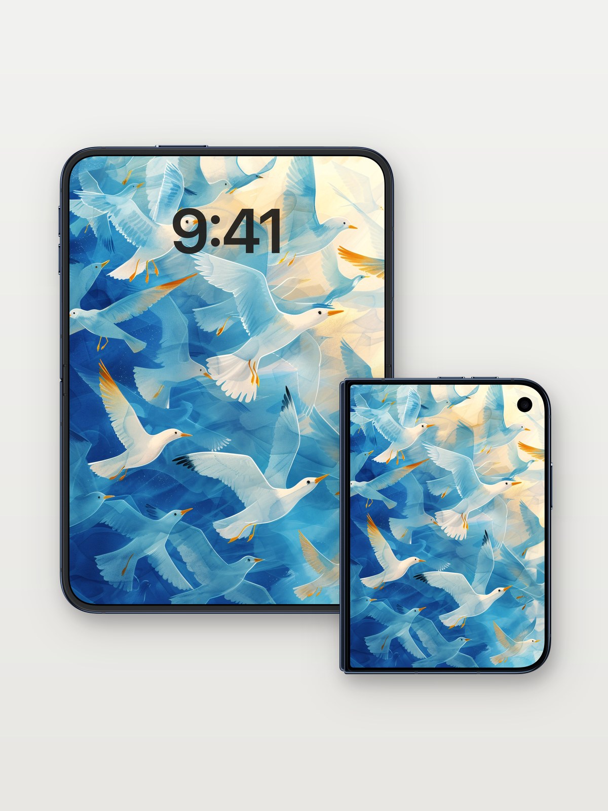 Serenity Skyline Wallpaper with Feathered Light on iPhone Duo, open and closed