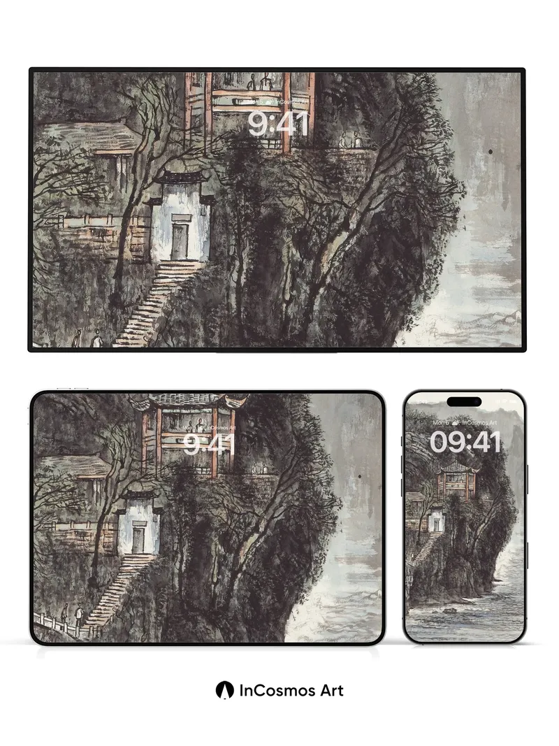 Serene Cliffside Pavilion Wallpaper with Misty River Flow