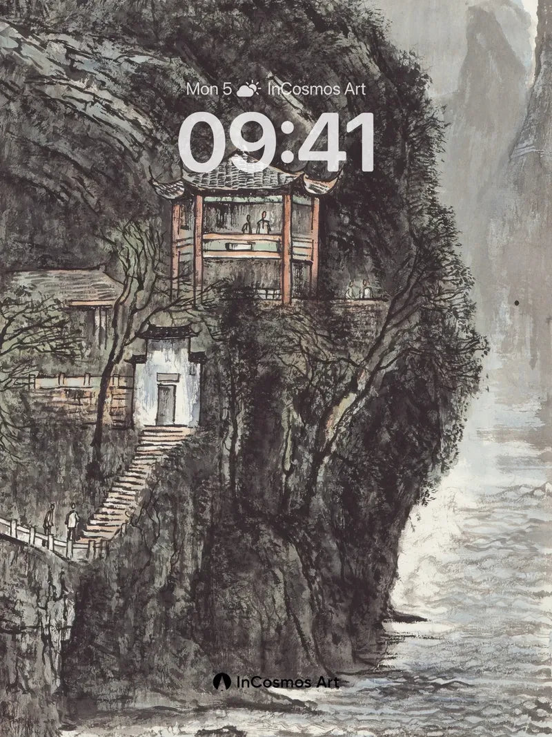 Serene Cliffside Pavilion Wallpaper with Misty River Flow