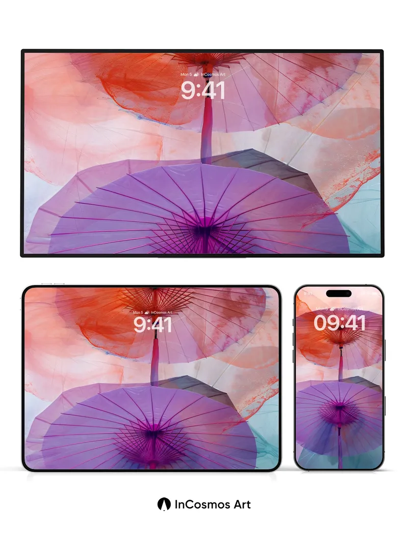 Luminous Silk Wallpaper with Floating Umbrellas