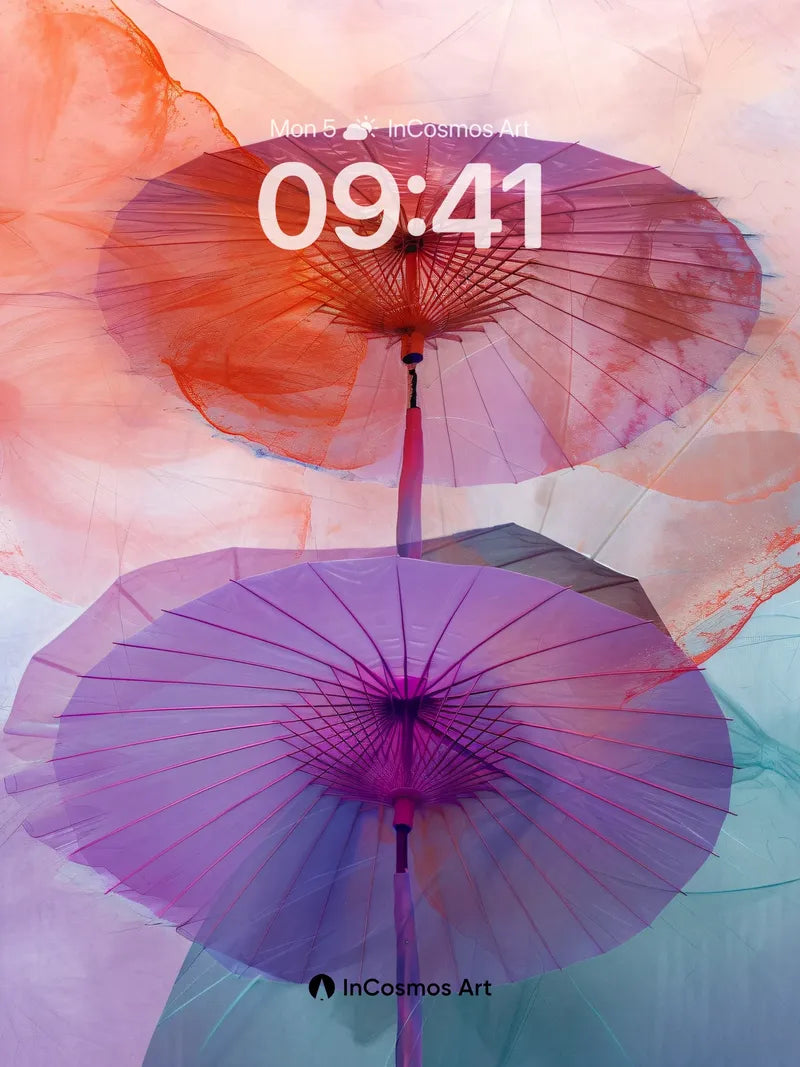 Luminous Silk Wallpaper with Floating Umbrellas