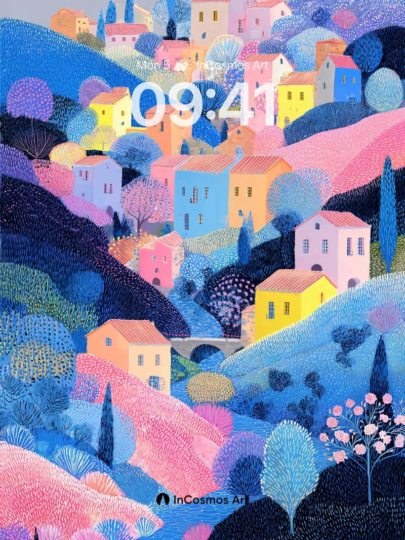 Pastel Hillside Village Wallpaper with Textured Brushstrokes wallpaper for iPhone, iPad & Mac