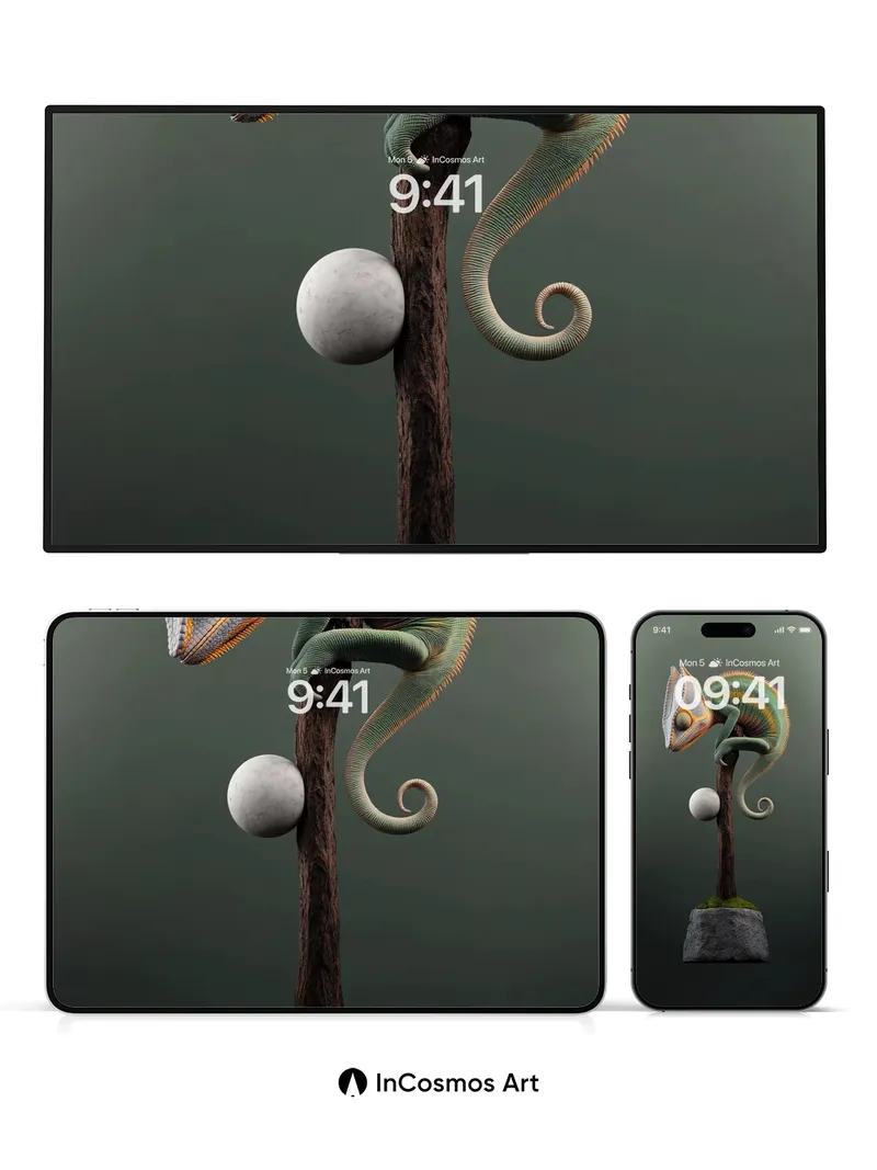 Surreal Chameleon Wallpaper with Floating Orb