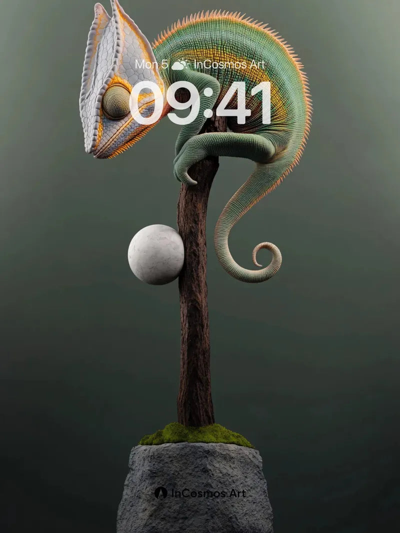 Surreal Chameleon Wallpaper with Floating Orb