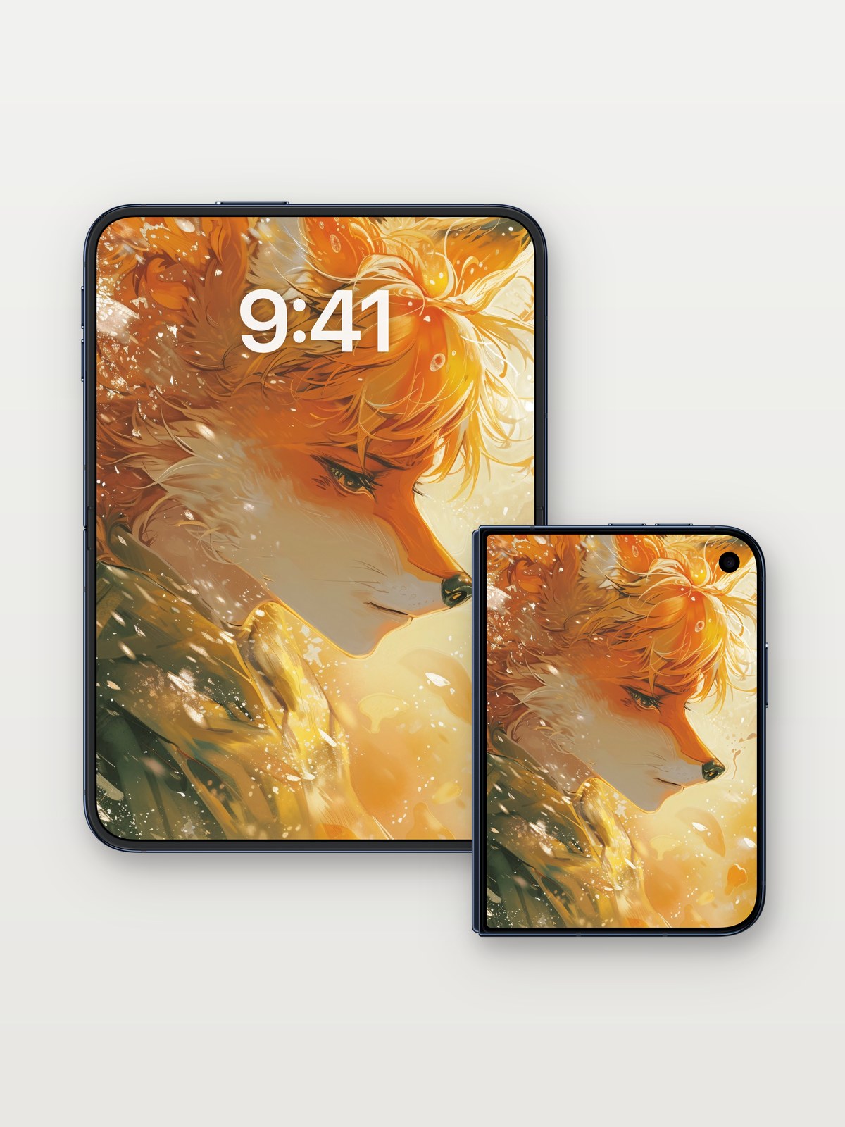 Golden Hush Wallpaper with Fox Whisper on iPhone Duo, open and closed