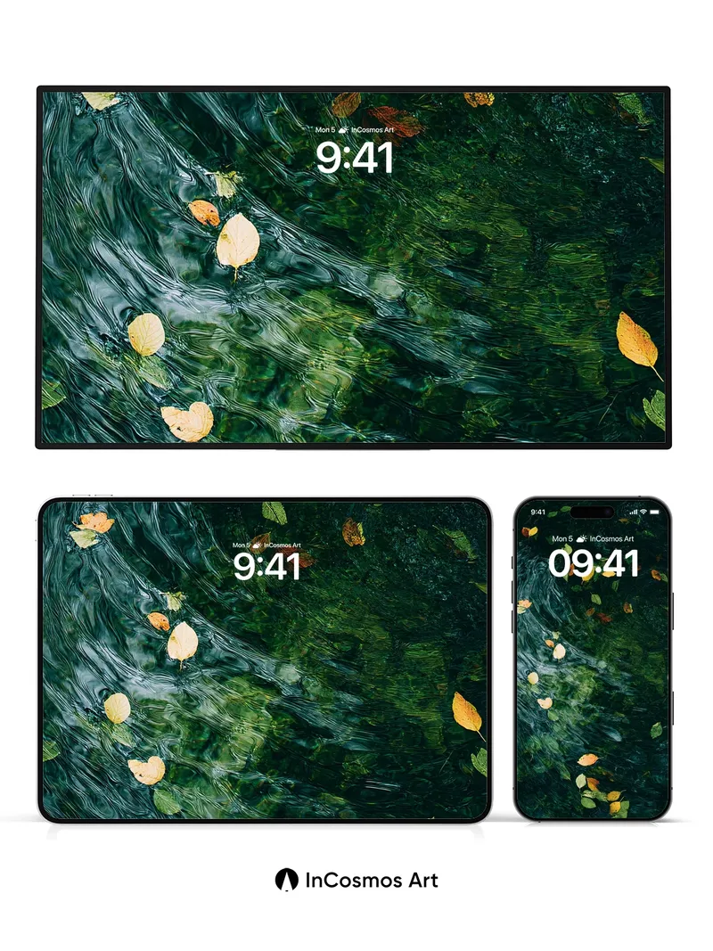 Autumn Whispers Wallpaper with Floating Leaves