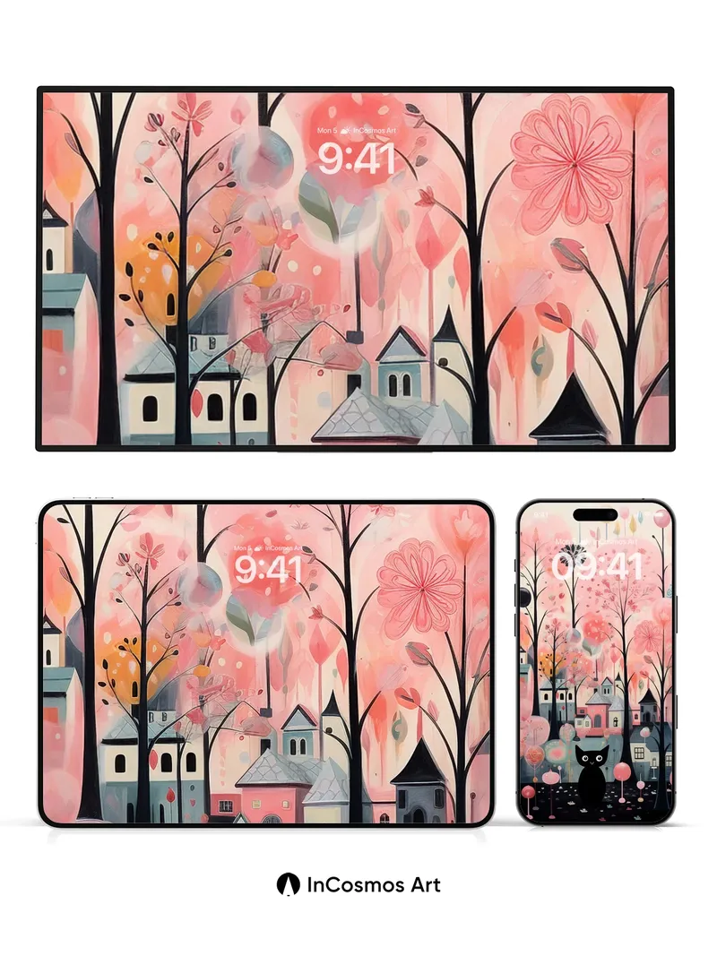 Whimsical Cherry Bloom Wallpaper with Midnight Cat