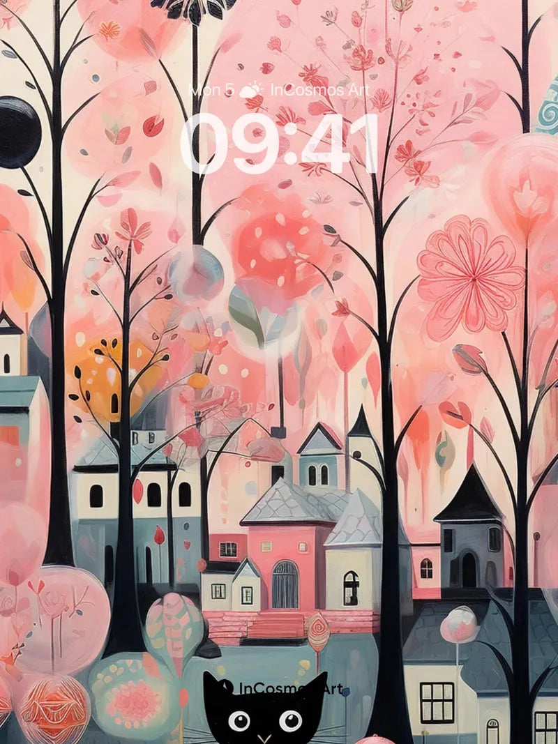 Whimsical Cherry Bloom Wallpaper with Midnight Cat