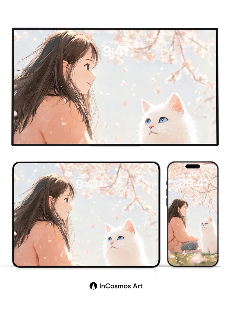 Serene Cherry Bloom Wallpaper with Feline Companion