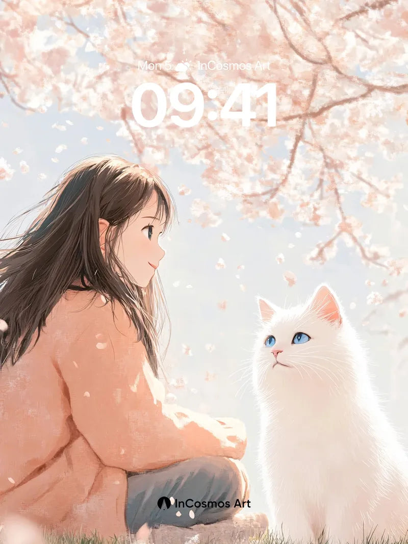 Serene Cherry Bloom Wallpaper with Feline Companion wallpaper for iPhone, iPad & Mac