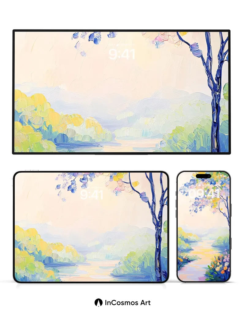 Serene Riverlight Wallpaper with Blossom Canopy