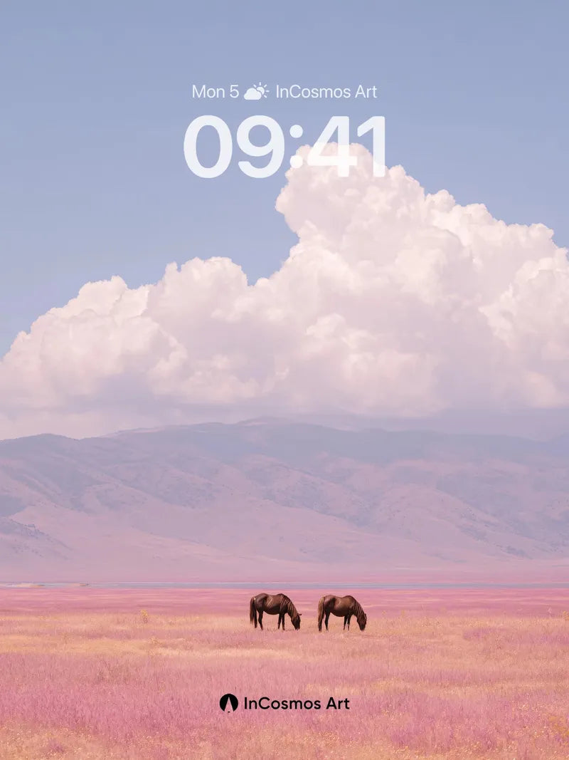 Serenity Meadow Wallpaper with Horses in Pink Light wallpaper for iPhone, iPad & Mac