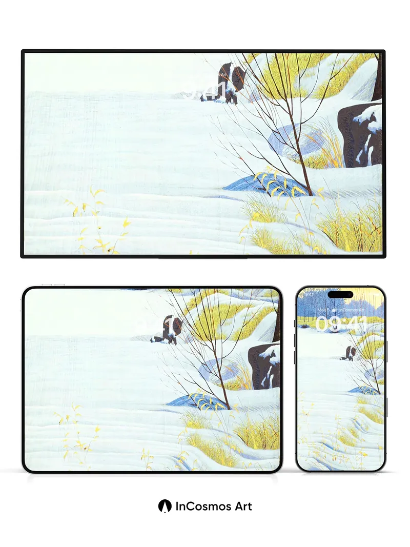 Serenity Snowdrift Wallpaper with Golden Grass Whispers