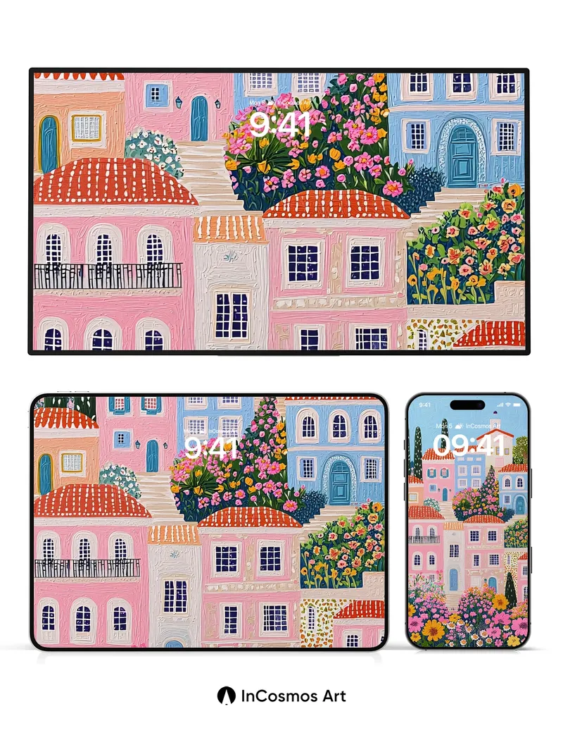 Whimsical Village Wallpaper with Flowered Steps