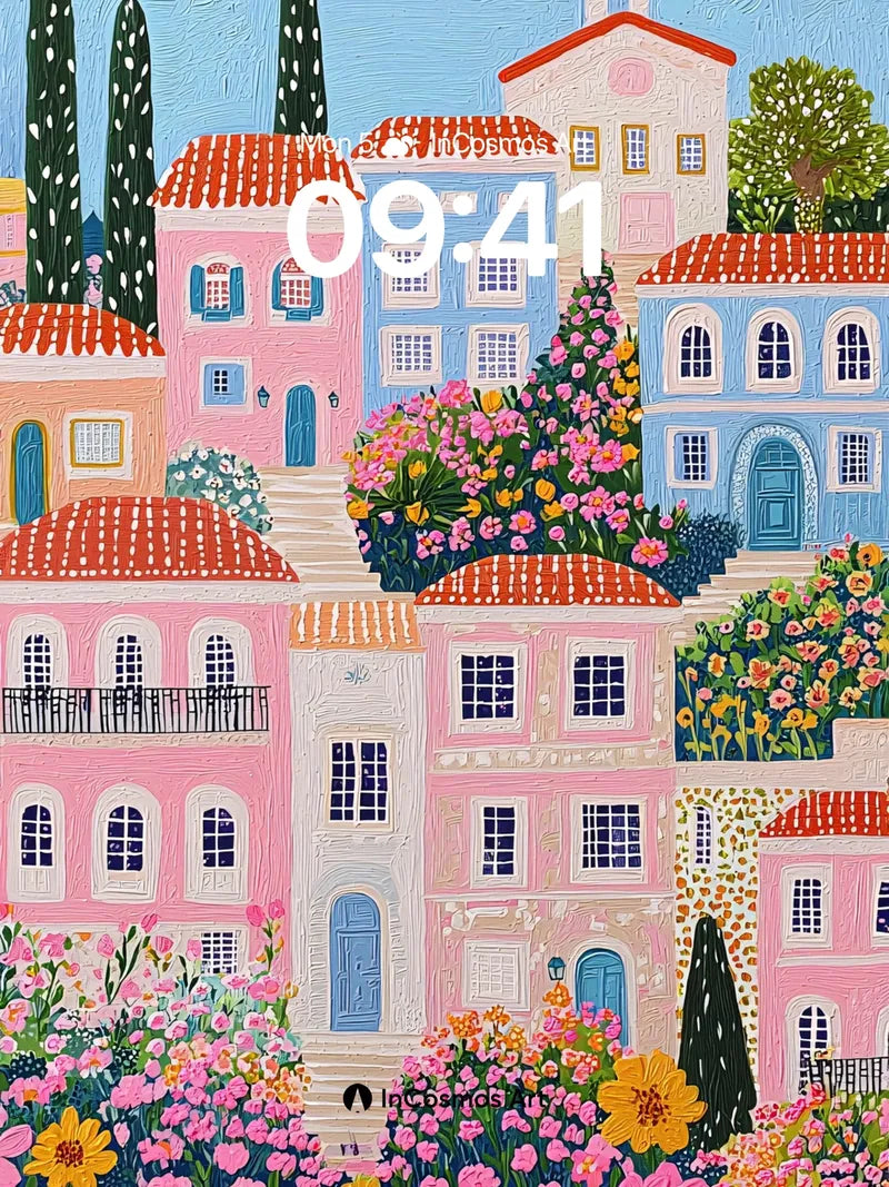 Whimsical Village Wallpaper with Flowered Steps