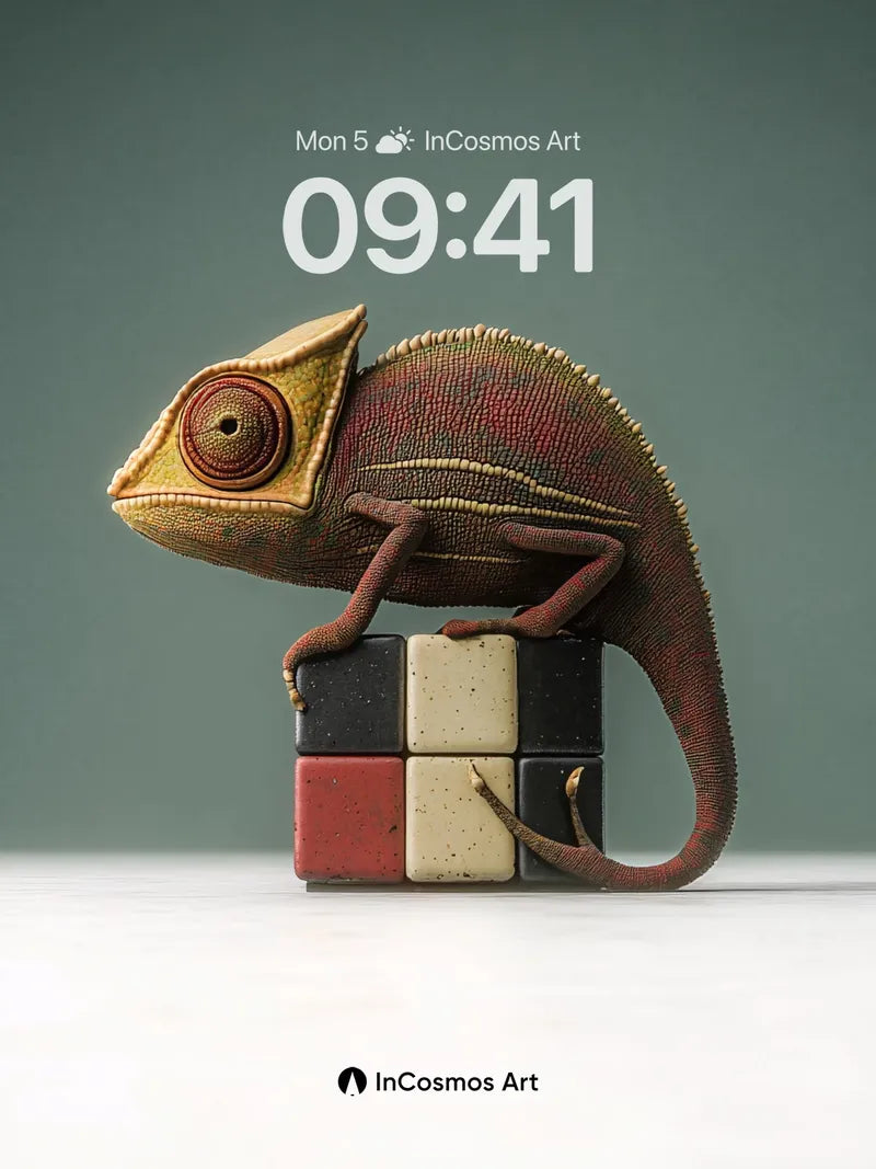 Chameleon Stillness Wallpaper with Cubic Geometry