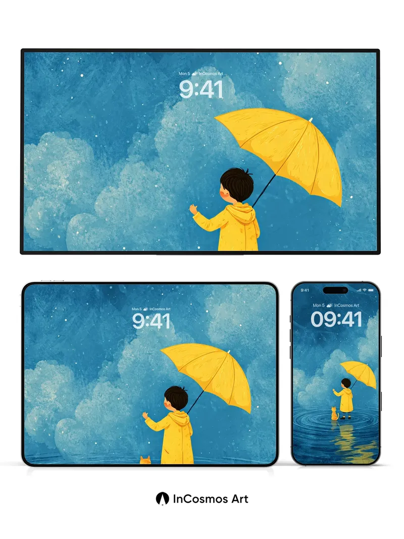 Quiet Rainy Night Wallpaper with Yellow Umbrella