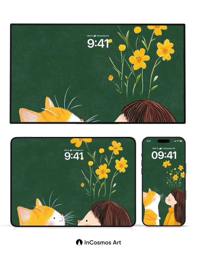 Whispering Petal Wallpaper with Feline Gaze