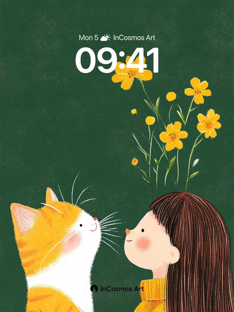 Whispering Petal Wallpaper with Feline Gaze