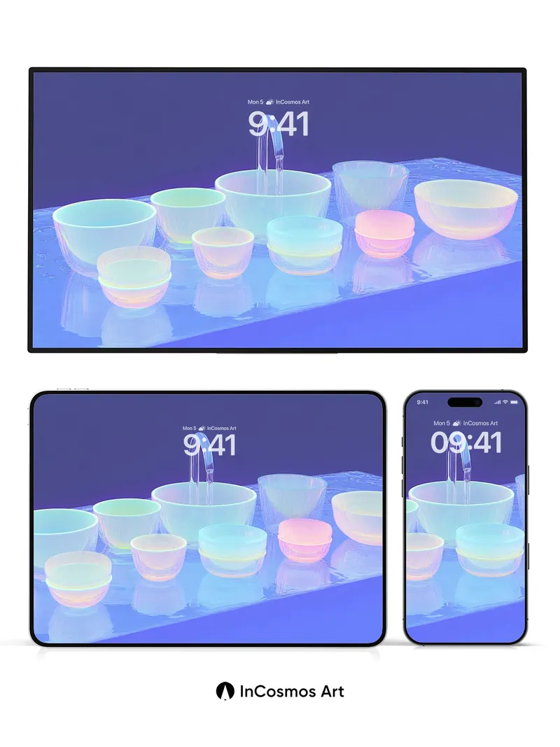 Luminous Stillness Wallpaper with Floating Bowls