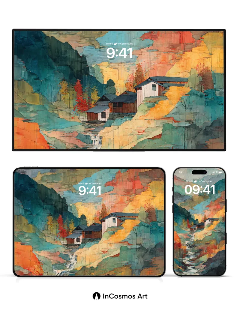 Autumn Echoes Wallpaper with Watercolor Mountains