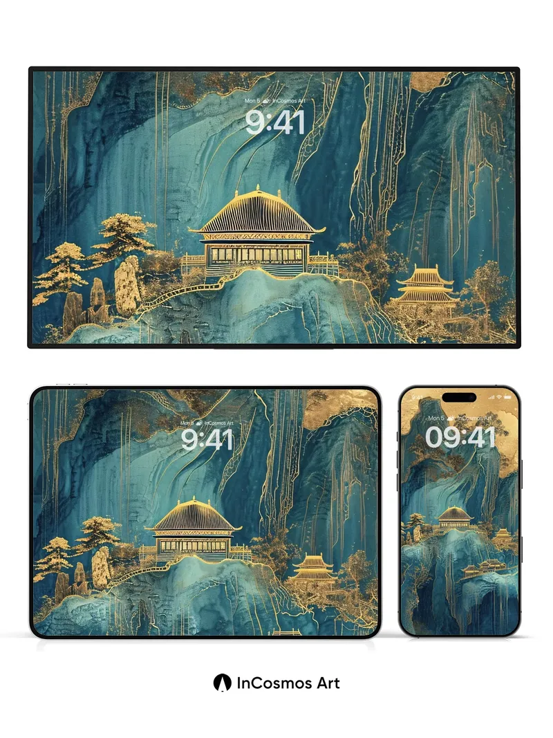 Golden Veil Mountain Wallpaper with Ancient Temples