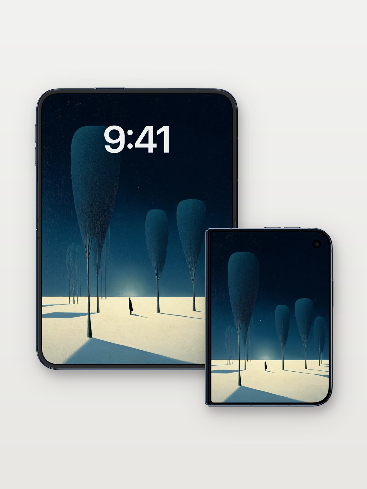 Silent Grove Wallpaper with Starlit Canopy on iPhone Duo, open and closed