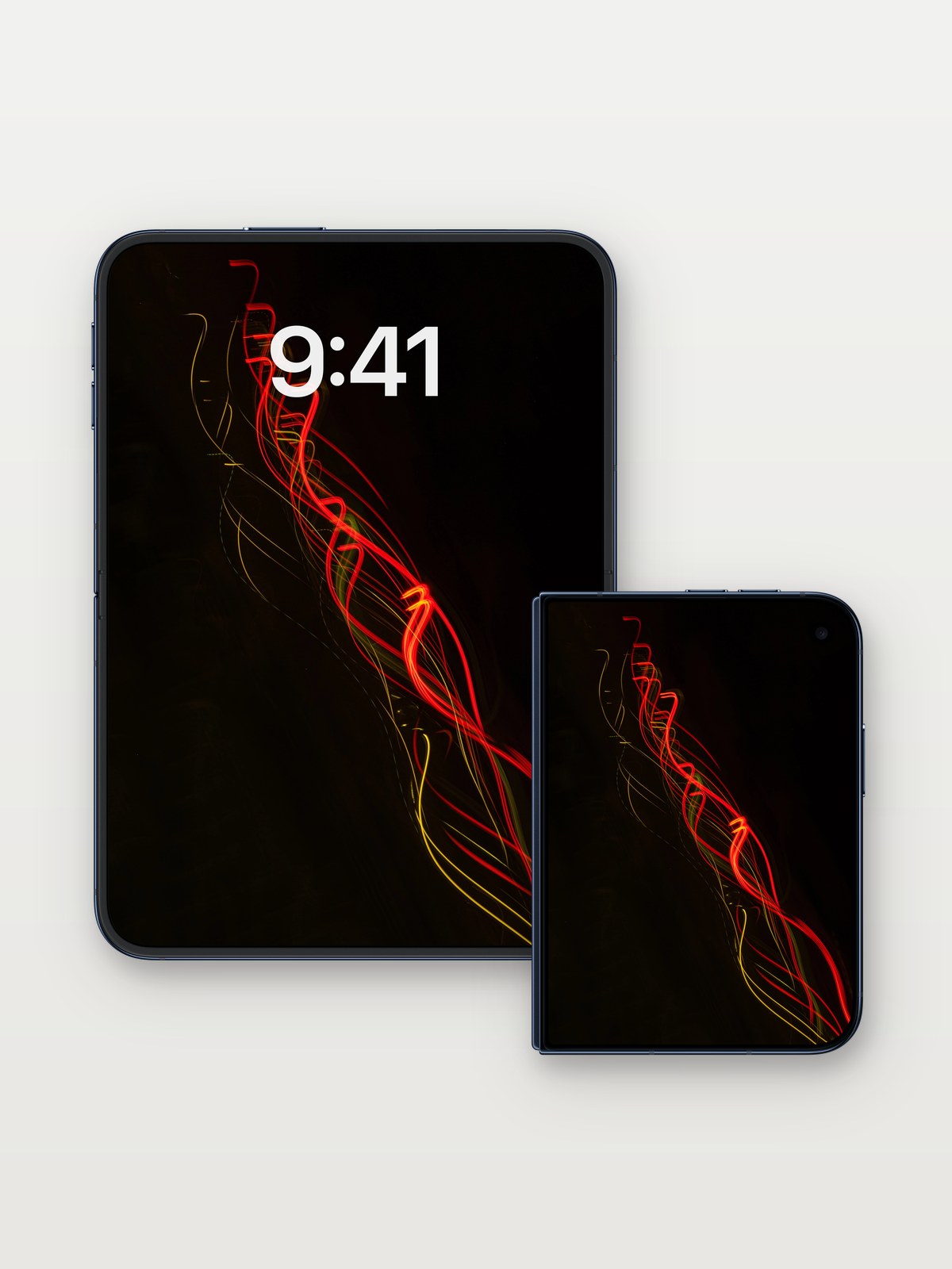 Crimson Veil Wallpaper with Electric Threads on iPhone Duo, open and closed