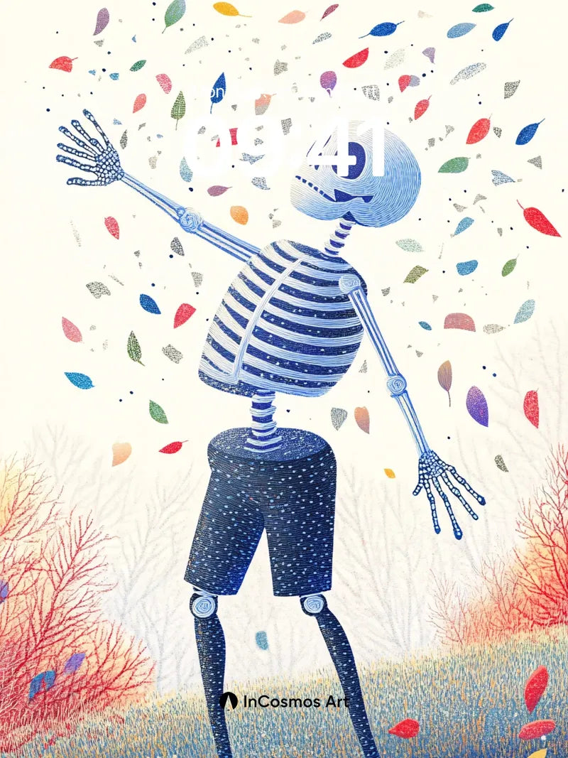 Whimsical Skeleton Wallpaper with Floating Leaves wallpaper for iPhone, iPad & Mac
