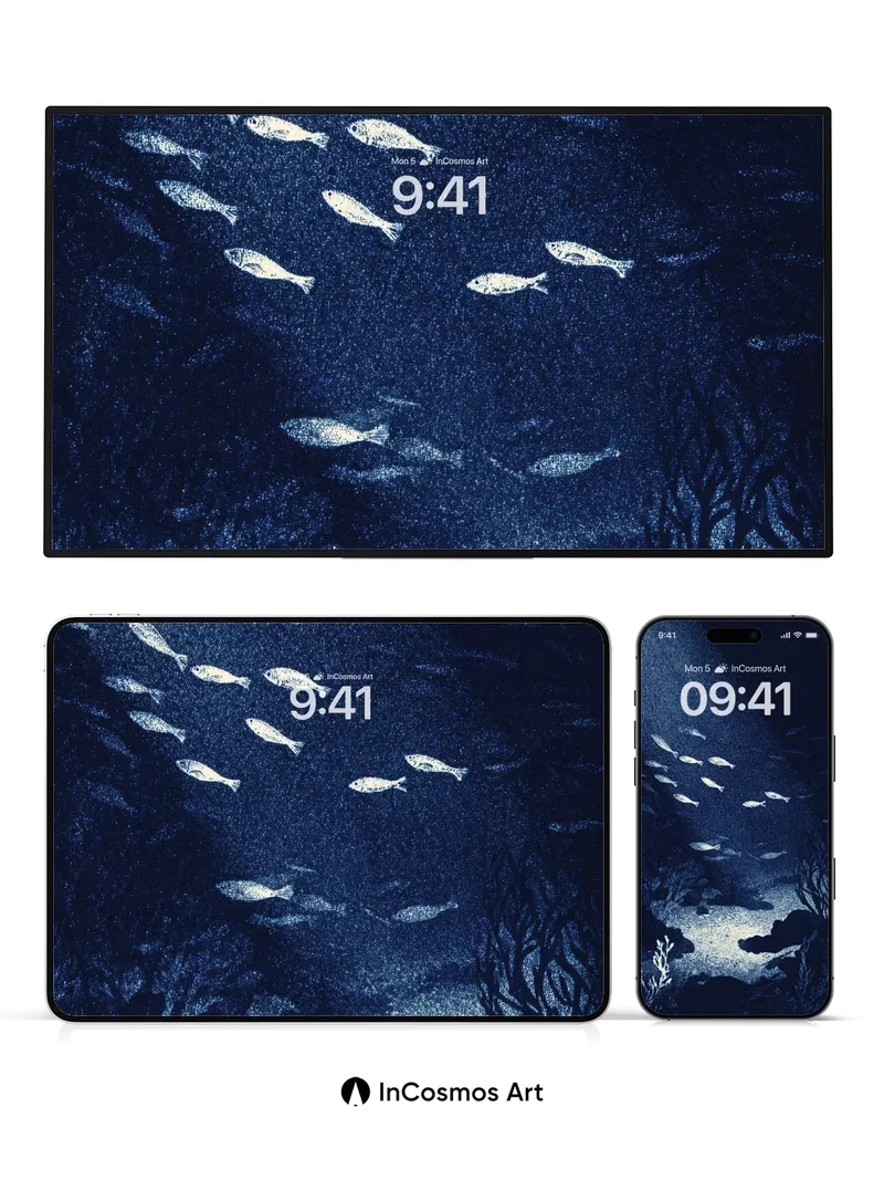 Moonlit Depths Wallpaper with Silver Fish Shadows
