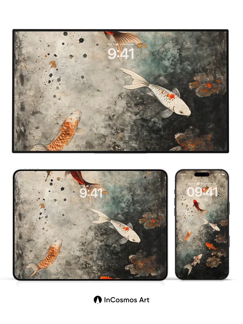 Serenity Koi Wallpaper with Ink-Blot Depths