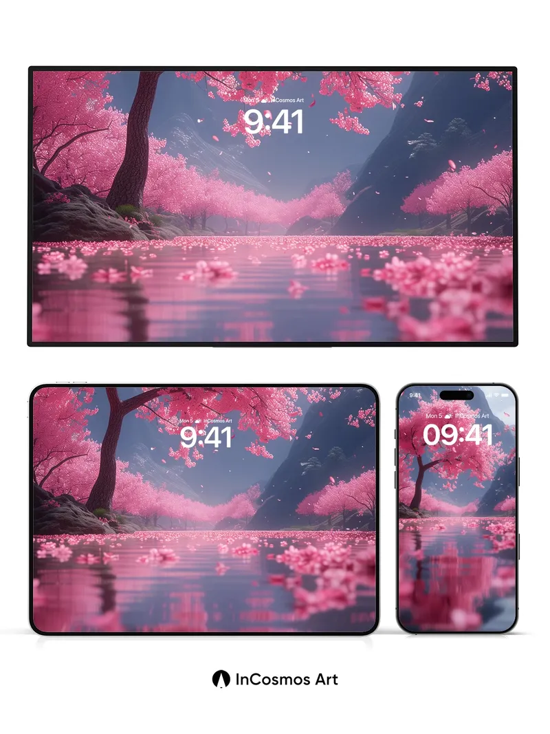 Serenity Cherry Bloom Wallpaper with Mountain Reflection