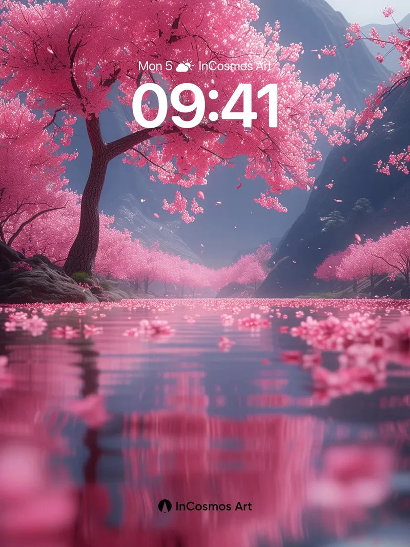 Serenity Cherry Bloom Wallpaper with Mountain Reflection wallpaper for iPhone, iPad & Mac