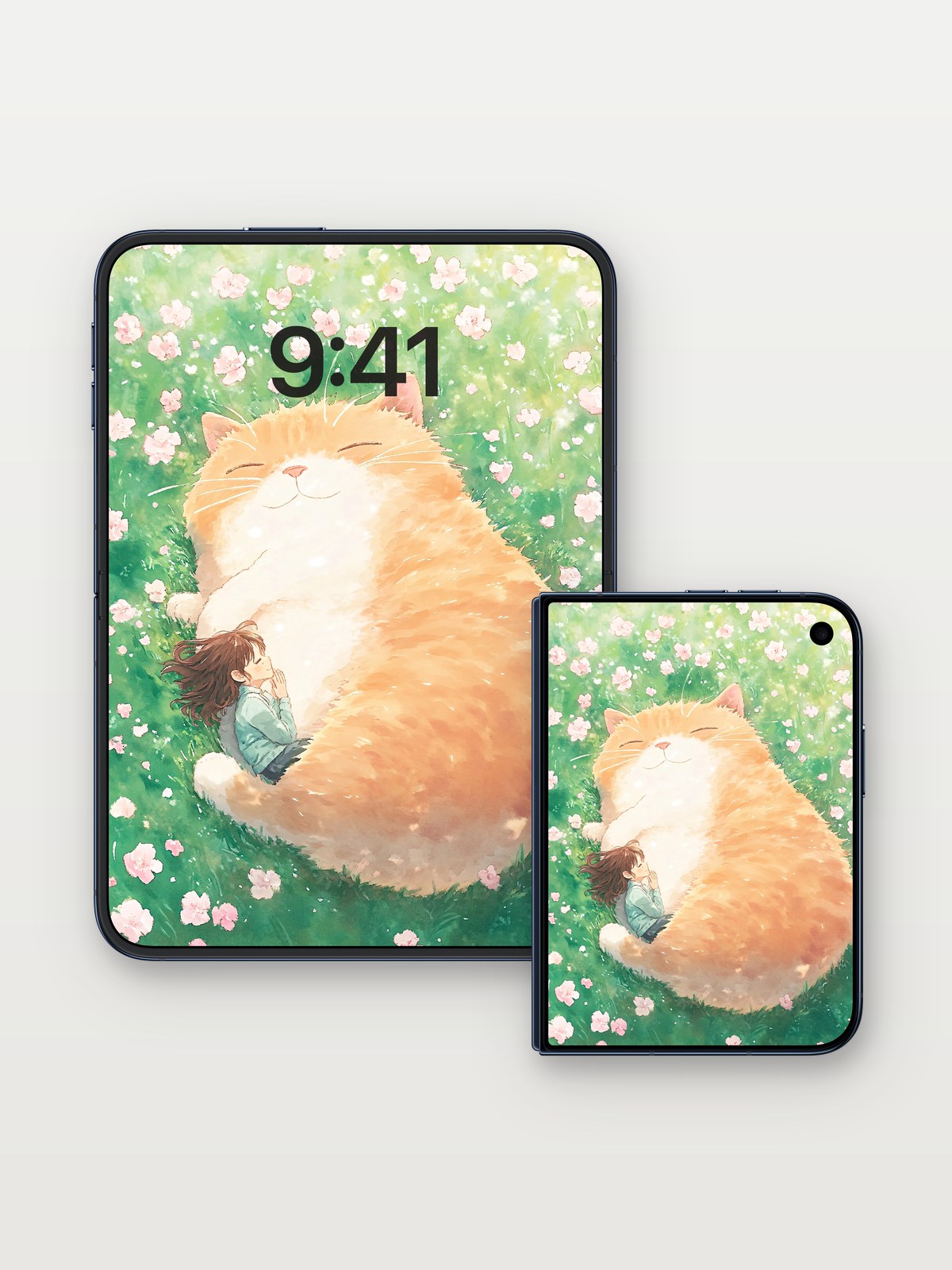 Serenity Meets Feline Wallpaper with Cherry Blossom Whispers on iPhone Duo, open and closed