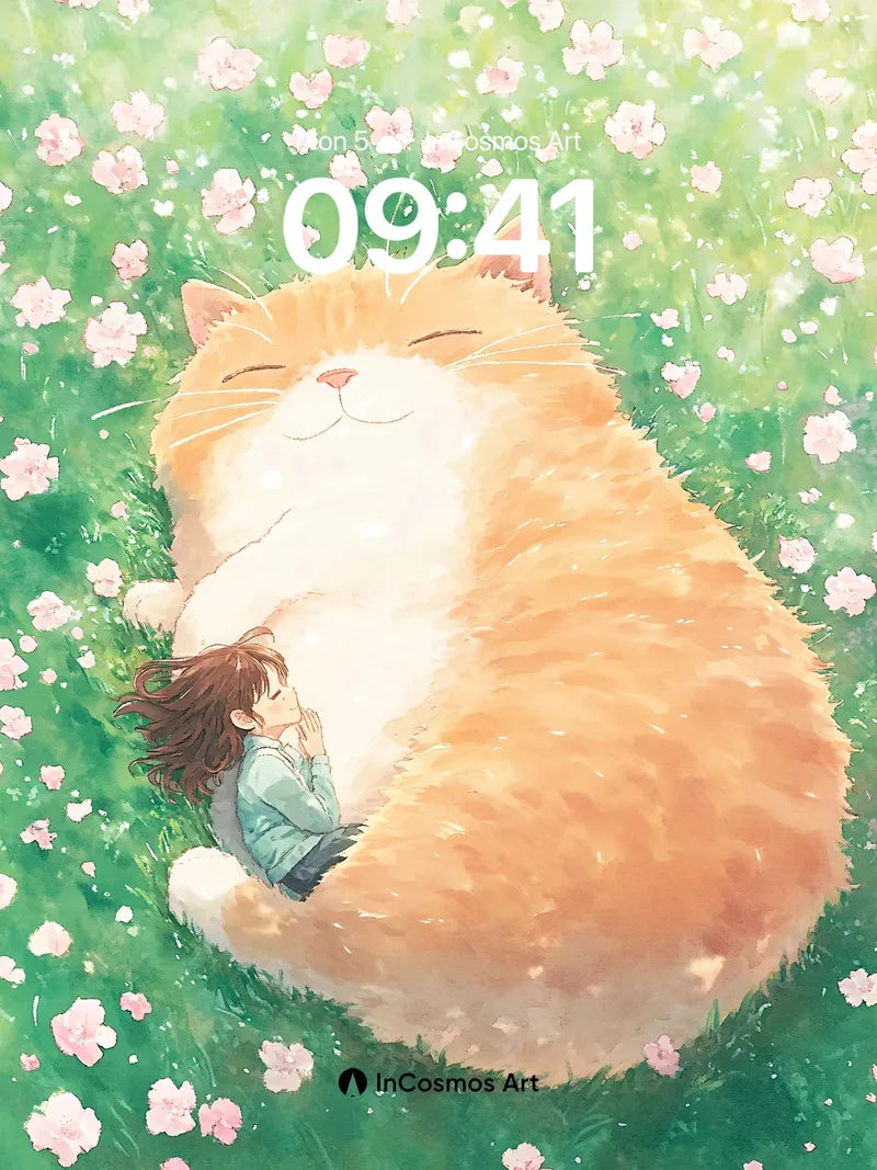 Serenity Meets Feline Wallpaper with Cherry Blossom Whispers wallpaper for iPhone, iPad & Mac