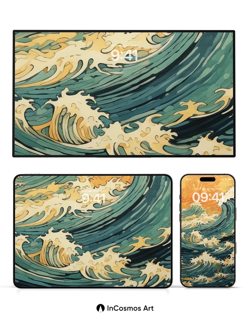 Crimson Tide Wallpaper with Hokusai Waves