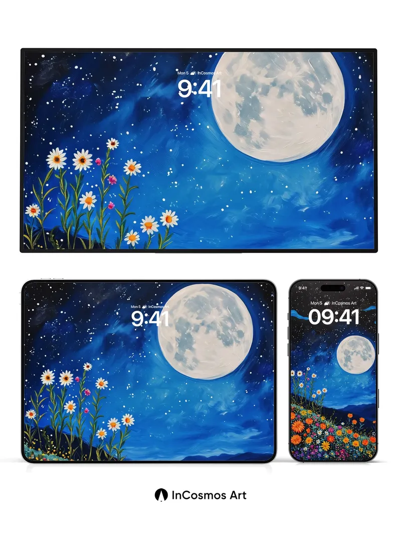 Lunar Garden Wallpaper with Starlit Bloom